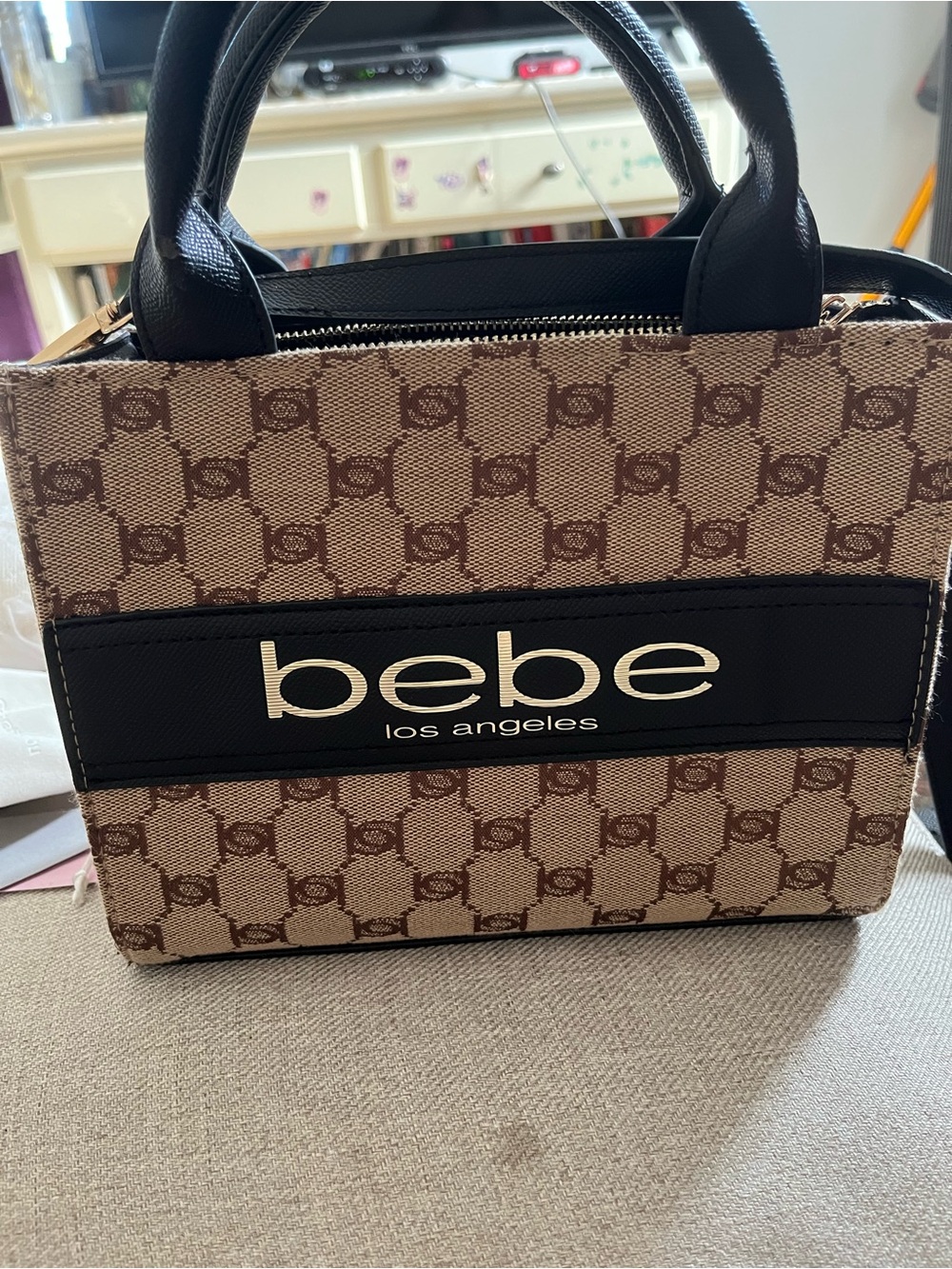 bebe Los Angeles mini Brown Tan Logo Handles or Crossbody Bag